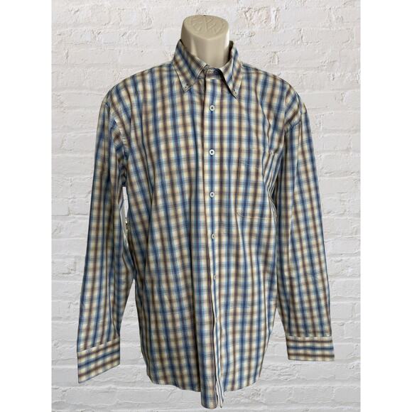Alan Flusser NWOT 100% Cotton Button Down Large, Tan/Blue - Picture 1 of 5